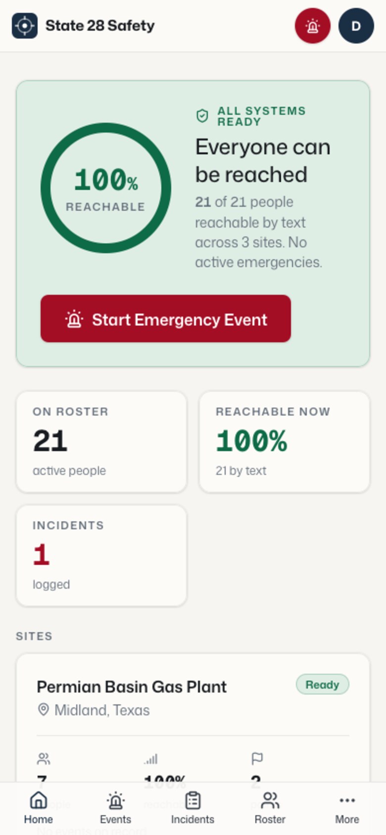 The State 28 Safety app on a phone, showing 21 of 21 crew reachable